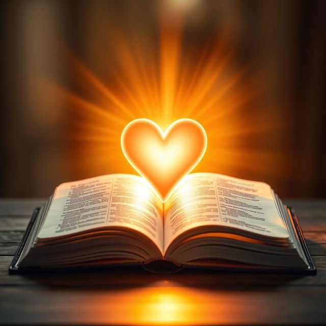A glowing heart radiating vibrant light at the center of an artistic thumbnail design, accompanied by an open Bible resting beside it, showcasing the pages brightly illuminated