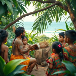 In a lush, vibrant setting of the pre-colonial Philippines, a wise 'datu' tells an engaging story to a group of attentive children and teenagers