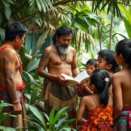 In a lush, vibrant setting of the pre-colonial Philippines, a wise 'datu' tells an engaging story to a group of attentive children and teenagers