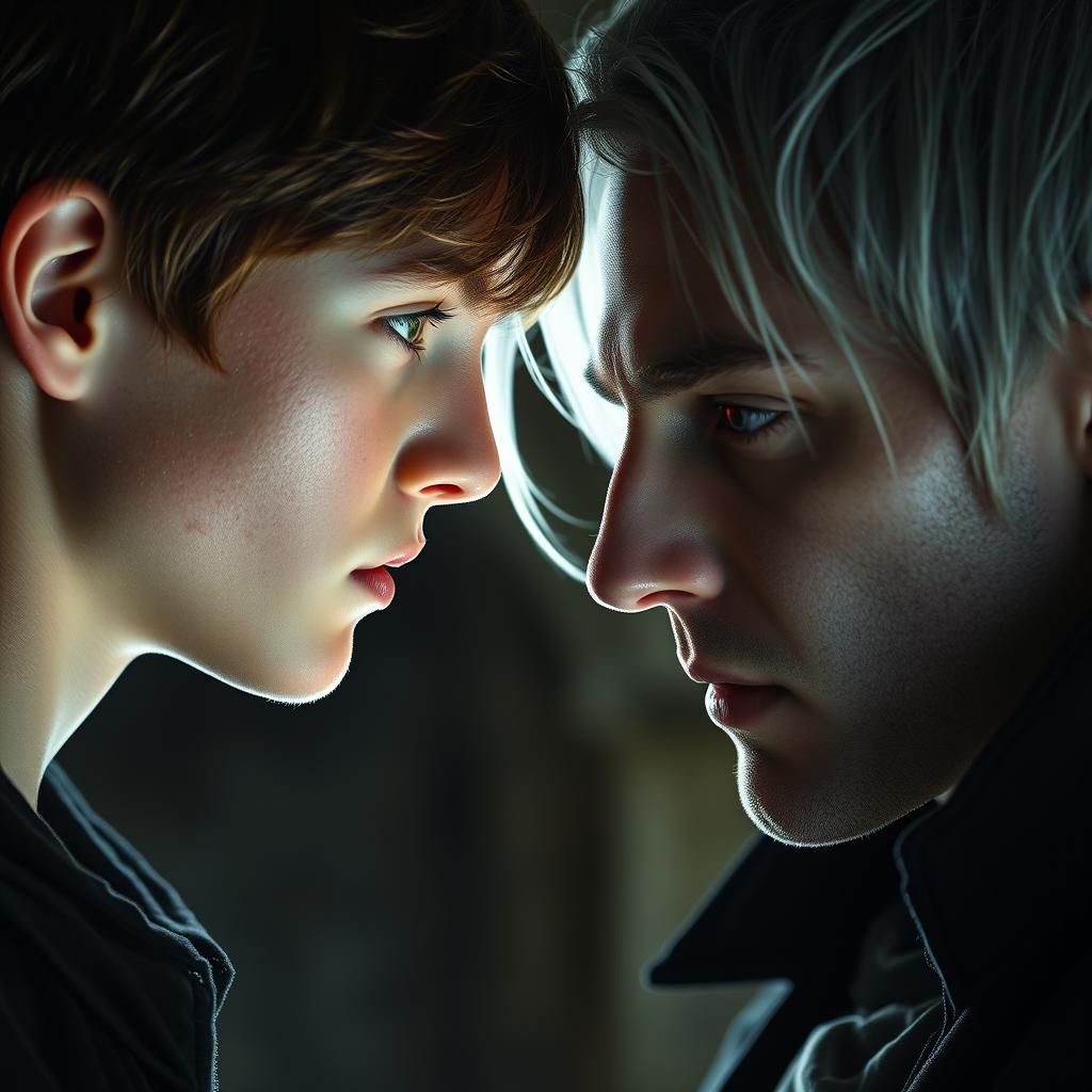 A teenage boy with brown hair, green eyes, and freckles looking directly at a young man who is a vampire