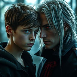 A teenage boy with brown hair, green eyes, and freckles looking directly at a young man who is a vampire