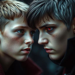 A teenage boy with brown hair, green eyes, and freckles looking directly at a young man who is a vampire