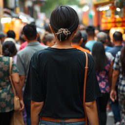 A full-body view of an Indonesian woman walking through a crowd, seen from behind, wearing a plain black t-shirt