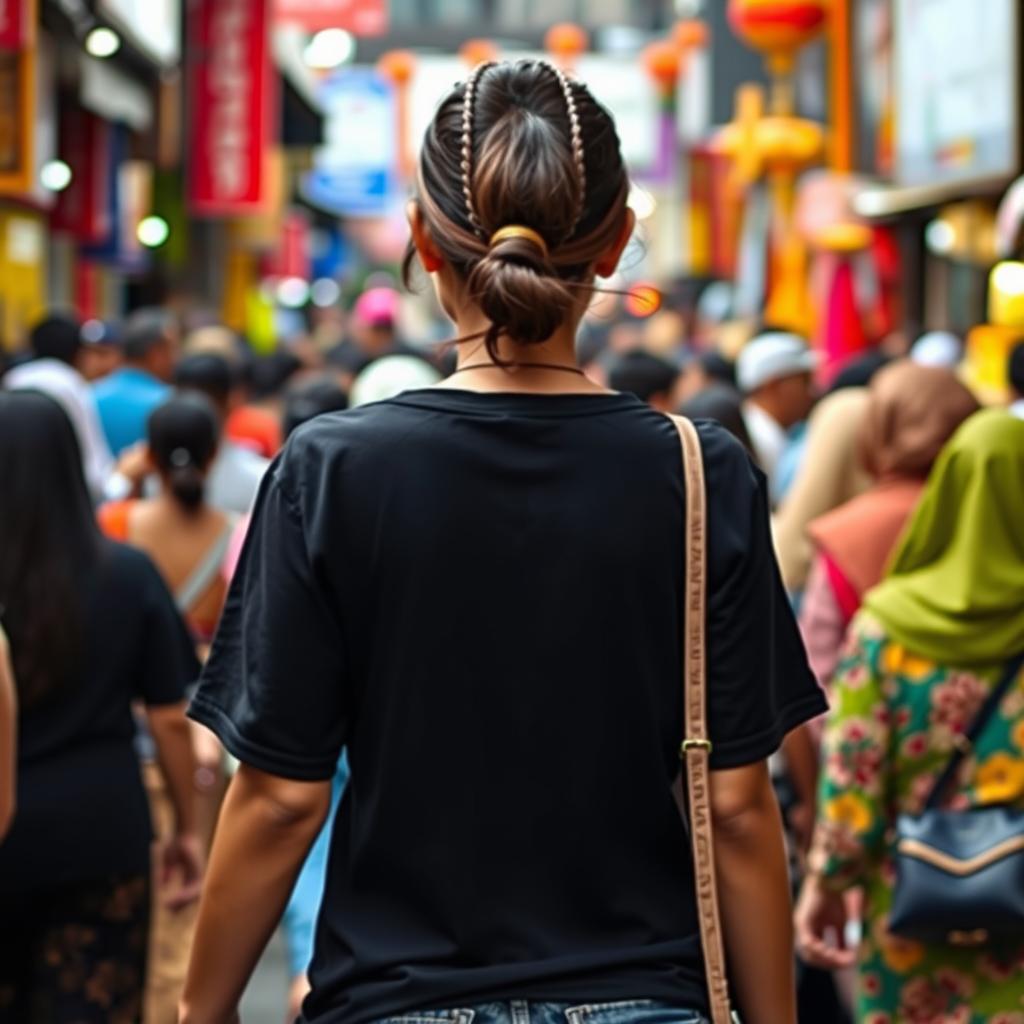 A full-body view of an Indonesian woman walking through a crowd, seen from behind, wearing a plain black t-shirt