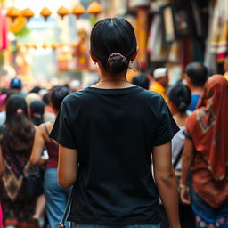 A full-body view of an Indonesian woman walking through a crowd, seen from behind, wearing a plain black t-shirt