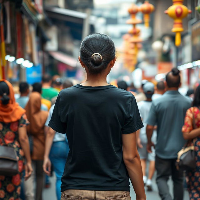 A full-body view of an Indonesian woman walking through a crowd, seen from behind, wearing a plain black t-shirt