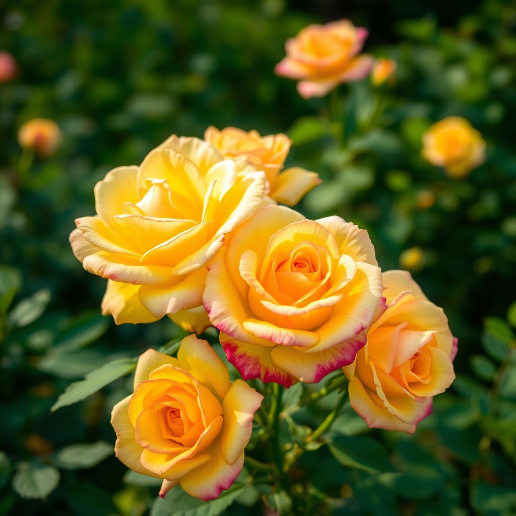 A beautiful rose garden featuring stunning yellow and pink roses in full bloom, showcasing their vibrant colors and delicate petals amidst lush green foliage
