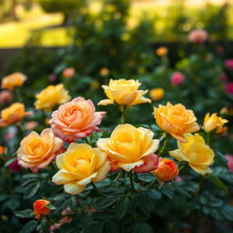 A beautiful rose garden featuring stunning yellow and pink roses in full bloom, showcasing their vibrant colors and delicate petals amidst lush green foliage