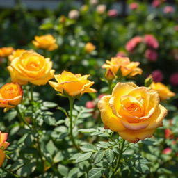 A beautiful rose garden featuring stunning yellow and pink roses in full bloom, showcasing their vibrant colors and delicate petals amidst lush green foliage