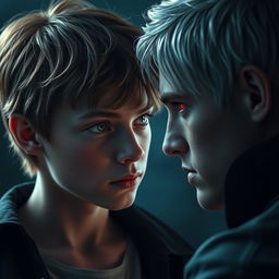 A teenage boy with brown hair, green eyes, and freckles looking directly at a young man who is a vampire