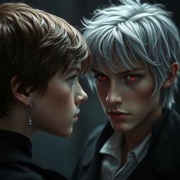 A teenage boy with brown hair, green eyes, and freckles looking directly at a young man who is a vampire