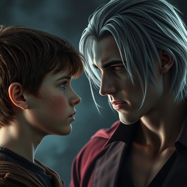 A teenage boy with brown hair, green eyes, and freckles looking directly at a young man who is a vampire