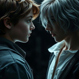 A teenage boy with brown hair, green eyes, and freckles looking directly at a young man who is a vampire