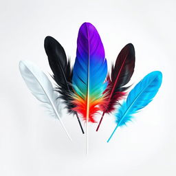 Five feathers delicately floating together in mid-air, with the central feather transformed to incorporate all the colors: white, black, violet/purple, blue, red, and mint green, creating a vibrant and eye-catching effect