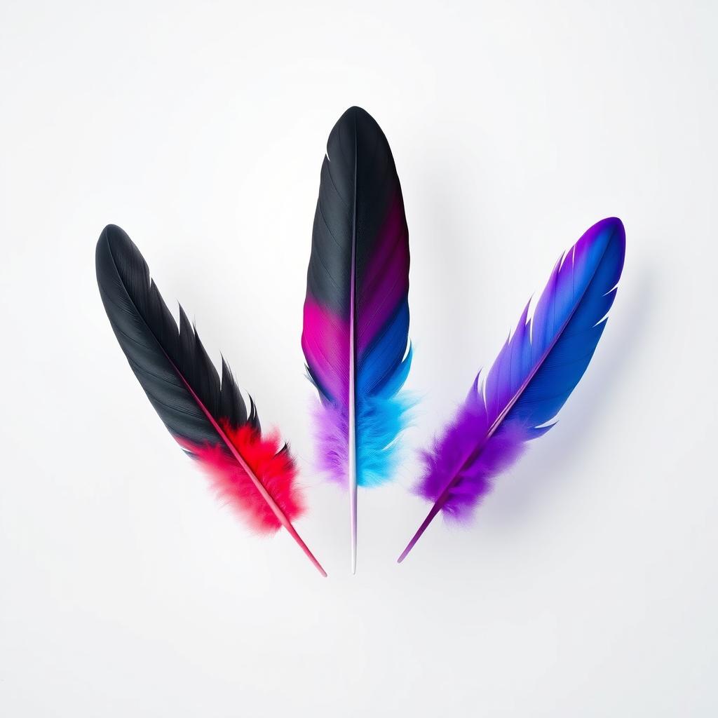 Five feathers delicately floating together in mid-air, with the central feather transformed to incorporate all the colors: white, black, violet/purple, blue, red, and mint green, creating a vibrant and eye-catching effect