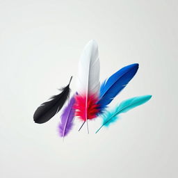 Five feathers delicately floating together in mid-air, with the central feather transformed to incorporate all the colors: white, black, violet/purple, blue, red, and mint green, creating a vibrant and eye-catching effect