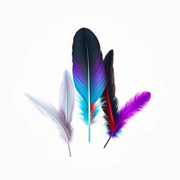 Five feathers delicately floating together in mid-air, with the central feather transformed to incorporate all the colors: white, black, violet/purple, blue, red, and mint green, creating a vibrant and eye-catching effect