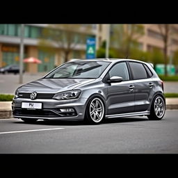 A sleek and stylish grey Volkswagen Polo 4 Phase 2, featuring lowered suspension with approximately 4 cm drop, showcasing a sporty appearance