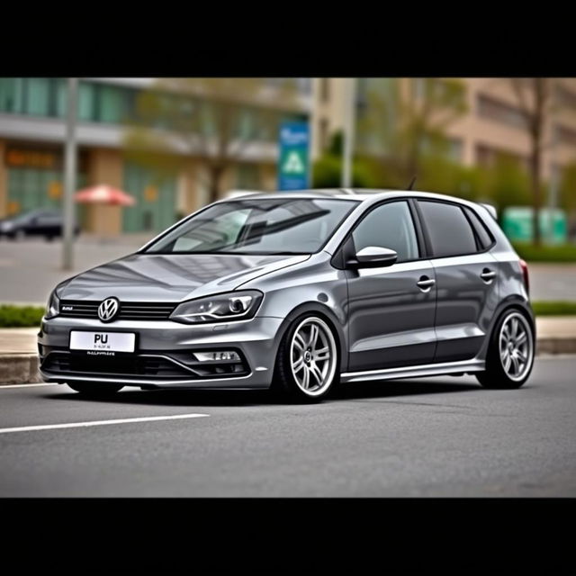 A sleek and stylish grey Volkswagen Polo 4 Phase 2, featuring lowered suspension with approximately 4 cm drop, showcasing a sporty appearance
