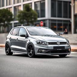 A sleek and stylish grey Volkswagen Polo 4 Phase 2, featuring lowered suspension with approximately 4 cm drop, showcasing a sporty appearance