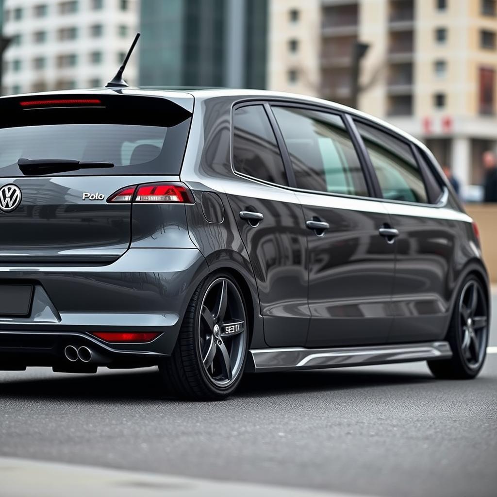 A sleek and stylish grey Volkswagen Polo 4 Phase 2, featuring lowered suspension with approximately 4 cm drop, showcasing a sporty appearance