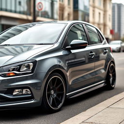 A sleek and stylish grey Volkswagen Polo 4 Phase 2, featuring lowered suspension with approximately 4 cm drop, showcasing a sporty appearance