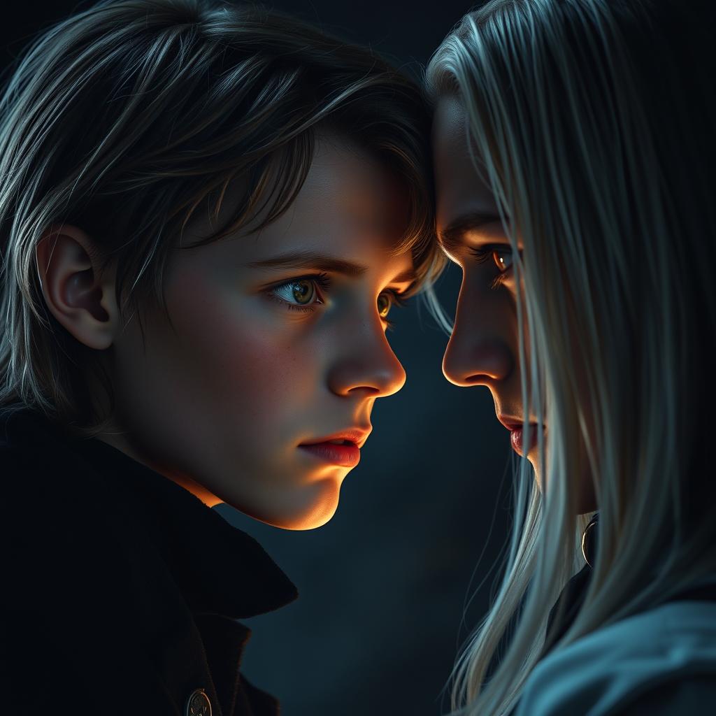 A teenage boy with brown hair, green eyes, and freckles gazing directly at another man who is a vampire