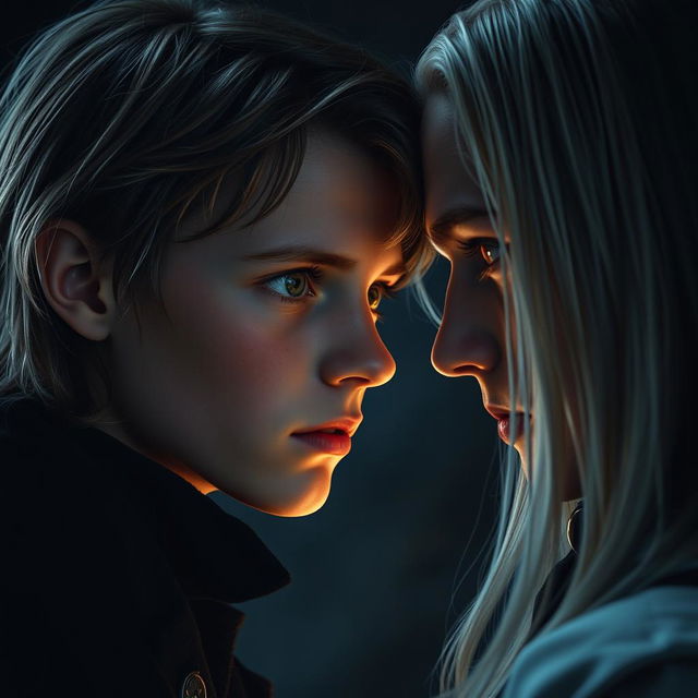 A teenage boy with brown hair, green eyes, and freckles gazing directly at another man who is a vampire