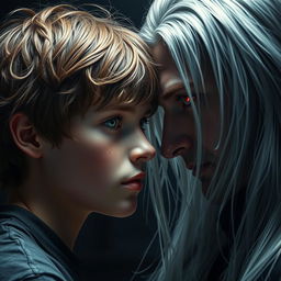 A teenage boy with brown hair, green eyes, and freckles gazing directly at another man who is a vampire