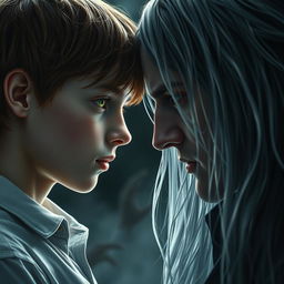 A teenage boy with brown hair, green eyes, and freckles gazing directly at another man who is a vampire