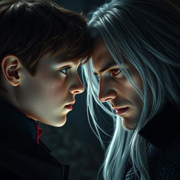 A teenage boy with brown hair, green eyes, and freckles gazing directly at another man who is a vampire