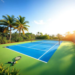A beautifully designed tennis court surrounded by lush greenery