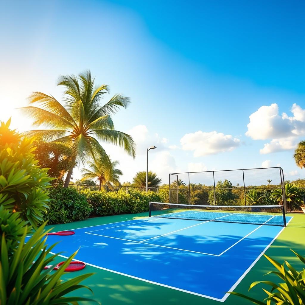 A beautifully designed tennis court surrounded by lush greenery