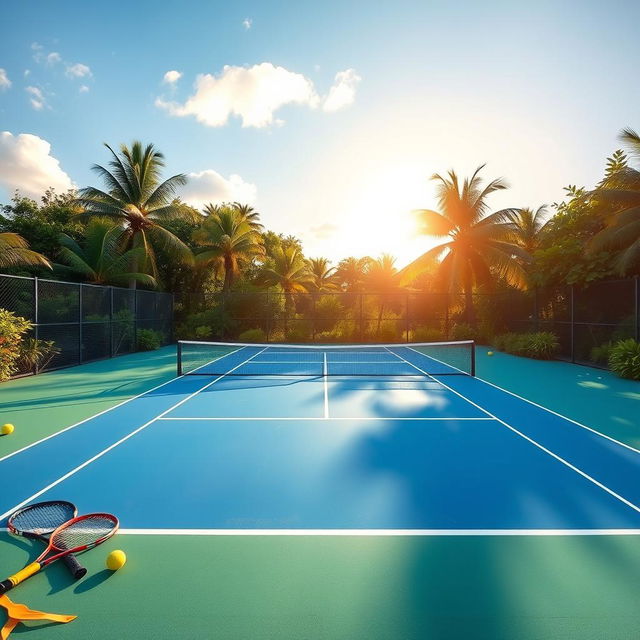 A beautifully designed tennis court surrounded by lush greenery