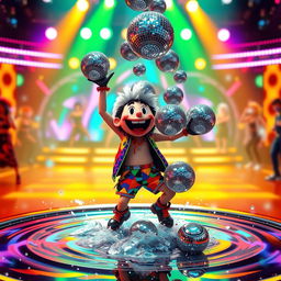 A whimsical Just Dance character in an energetic pose, exuberantly dumping glittering disco balls into a large, sparkling water basin