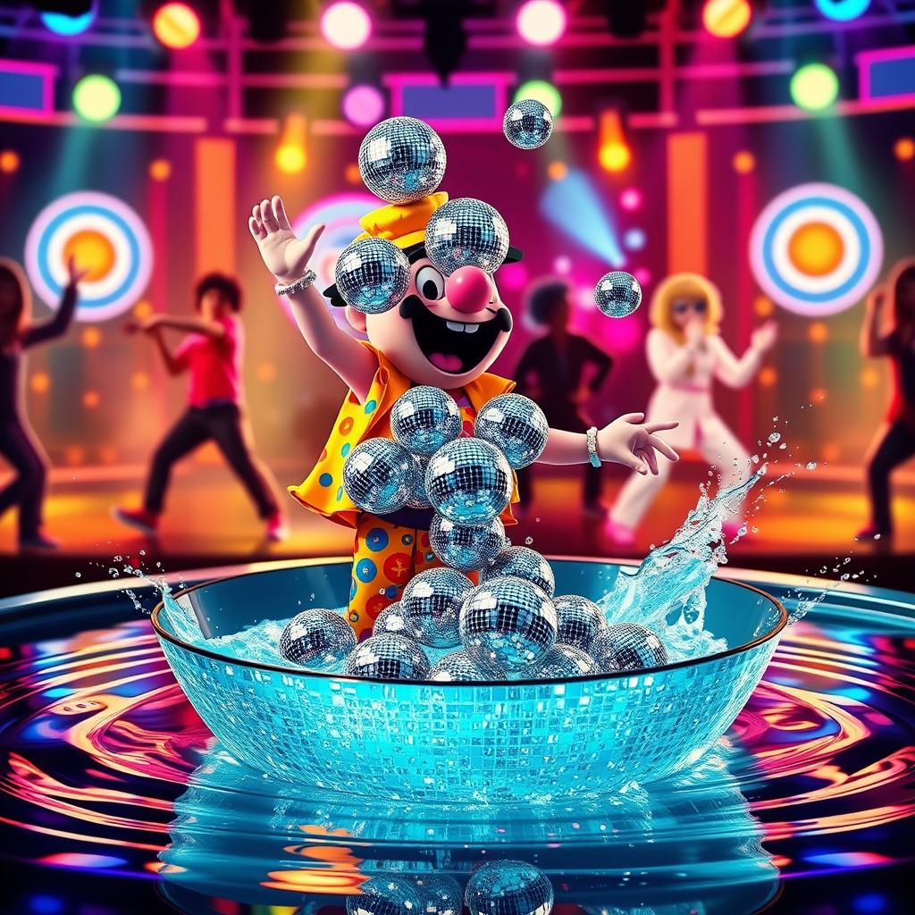 A whimsical Just Dance character in an energetic pose, exuberantly dumping glittering disco balls into a large, sparkling water basin