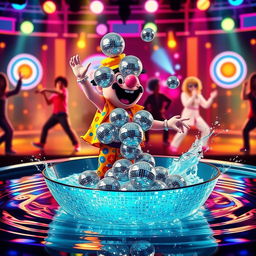 A whimsical Just Dance character in an energetic pose, exuberantly dumping glittering disco balls into a large, sparkling water basin