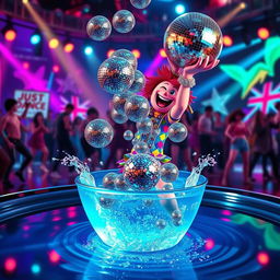 A whimsical Just Dance character in an energetic pose, exuberantly dumping glittering disco balls into a large, sparkling water basin
