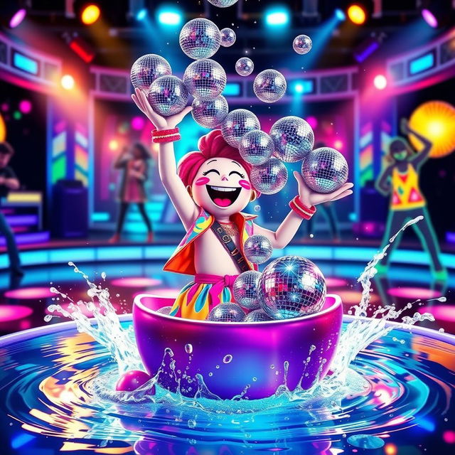 A whimsical Just Dance character in an energetic pose, exuberantly dumping glittering disco balls into a large, sparkling water basin