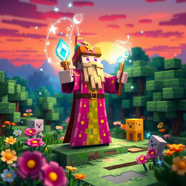 A vibrant and magical scene featuring a Minecraft-style wizard standing in a lush forest made of blocky terrain, surrounded by colorful flowers and mystical creatures
