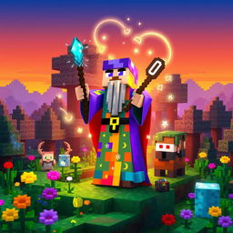 A vibrant and magical scene featuring a Minecraft-style wizard standing in a lush forest made of blocky terrain, surrounded by colorful flowers and mystical creatures