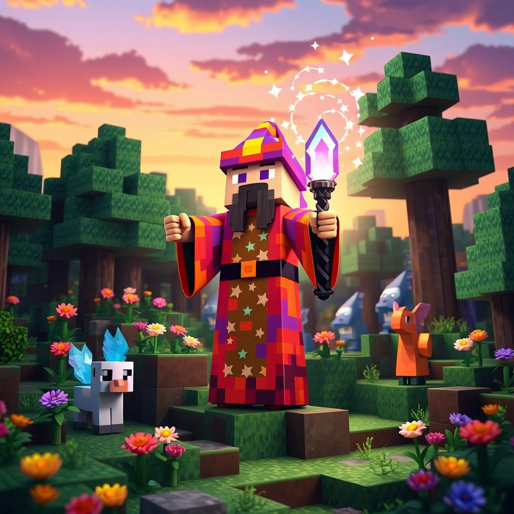 A vibrant and magical scene featuring a Minecraft-style wizard standing in a lush forest made of blocky terrain, surrounded by colorful flowers and mystical creatures