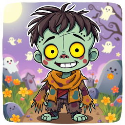 A cute zombie character with bright, expressive eyes, wearing a tattered but colorful outfit