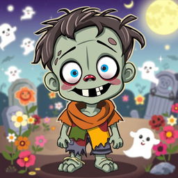 A cute zombie character with bright, expressive eyes, wearing a tattered but colorful outfit