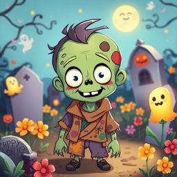 A cute zombie character with bright, expressive eyes, wearing a tattered but colorful outfit