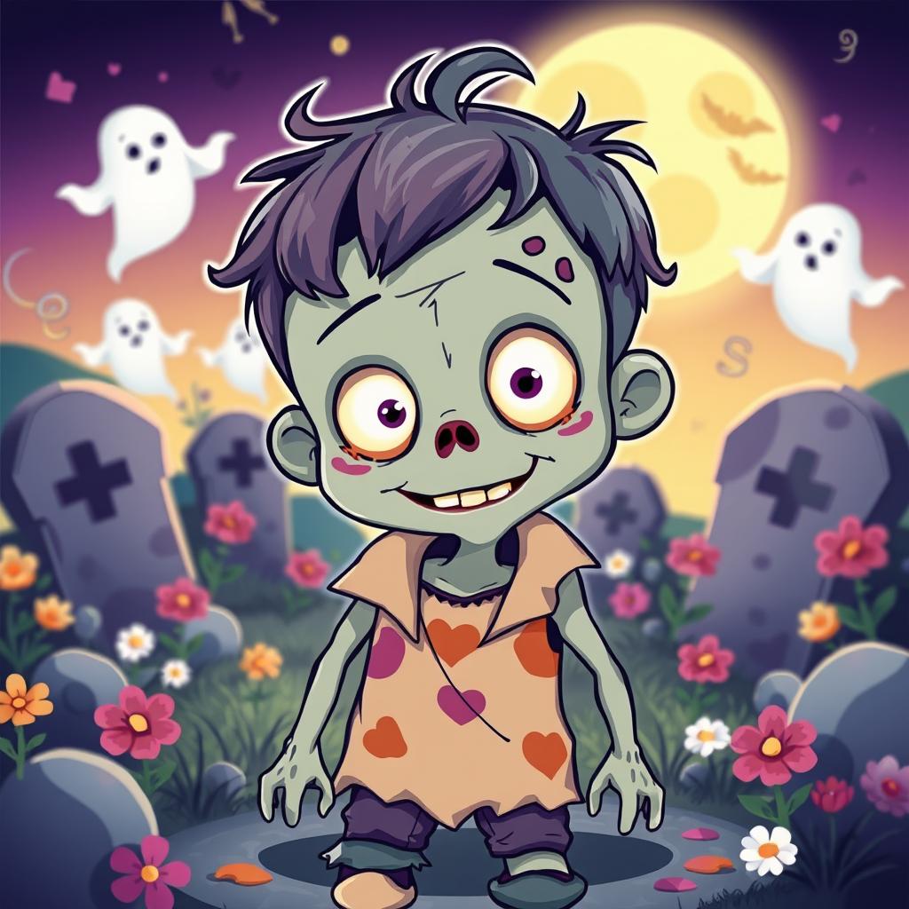 A cute zombie character with bright, expressive eyes, wearing a tattered but colorful outfit