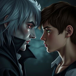 A 17-year-old boy with brown hair, green eyes, and freckles facing off against a vampire, who has striking silver hair and blood-red eyes