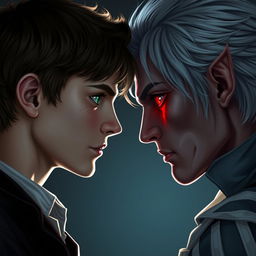 A 17-year-old boy with brown hair, green eyes, and freckles facing off against a vampire, who has striking silver hair and blood-red eyes