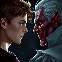 A 17-year-old boy with brown hair, green eyes, and freckles facing off against a vampire, who has striking silver hair and blood-red eyes