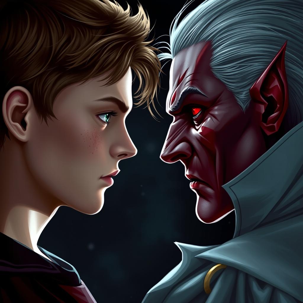 A 17-year-old boy with brown hair, green eyes, and freckles facing off against a vampire, who has striking silver hair and blood-red eyes